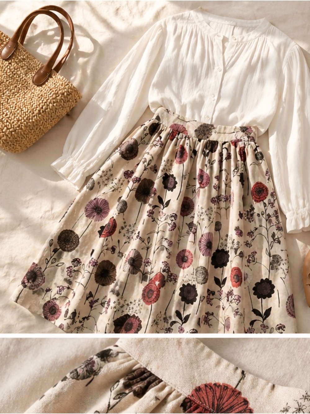 Jill Stuart Silk Floral Skirt Size 6 Cream A Line Pleated Cottagecore - Picture 5 of 12
